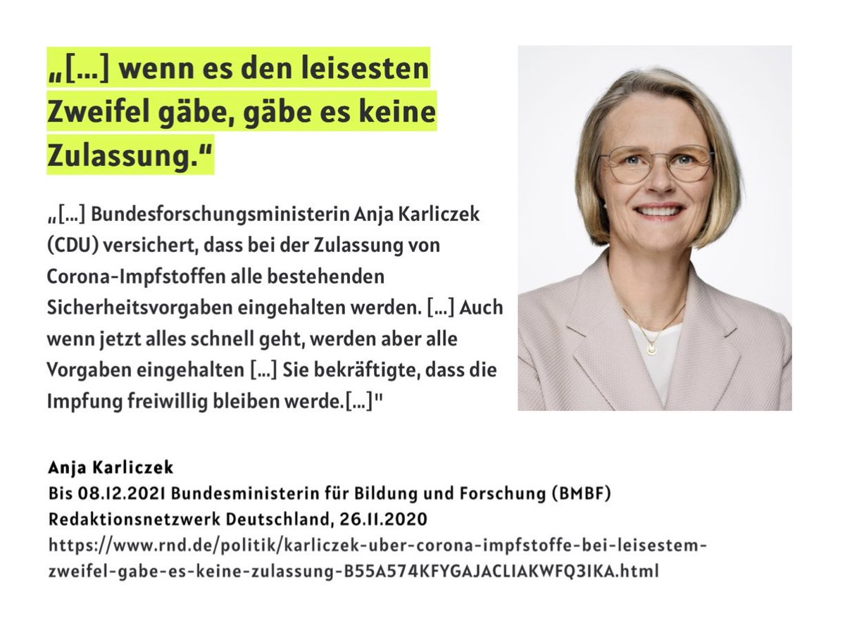 "Bundesforschungsministerin Anja Karliczek (CDU) versichert, dass bei der Zulassung von Corona-Impfstoffen alle bestehenden Sicherheitsvorgaben eingehalten werden."

26.11.2020 #RichtigErinnern