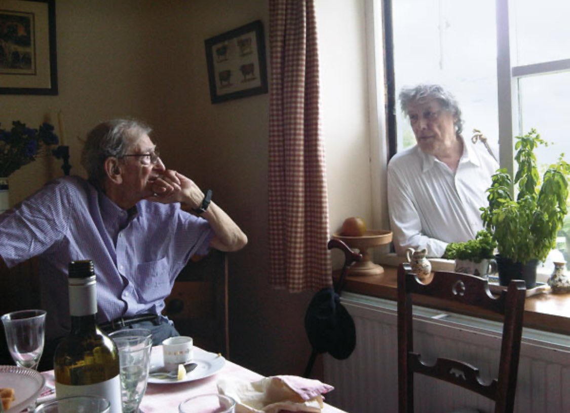 juliahobsbawm's tweet image. RIP Tom Stoppard, pictured here with my late father (on whom the professor in Rock &apos;n Roll was partly based). Taken one sunny @hayfestival day many years ago...