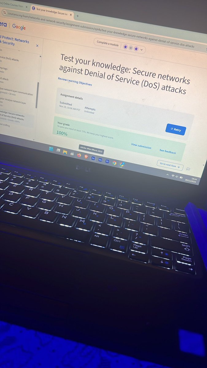 00Santif's tweet image. Day 8: Revisiting my previous Coursera course and documenting it. Today I refreshed my knowledge on DoS/DDoS attacks, ICMP floods, packet sniffing (active vs passive), and interpreting packet captures. Staying sharp! 🔐🛡️

#CyberSecurity #NetworkSecurity   @OnijeC @segoslavia
