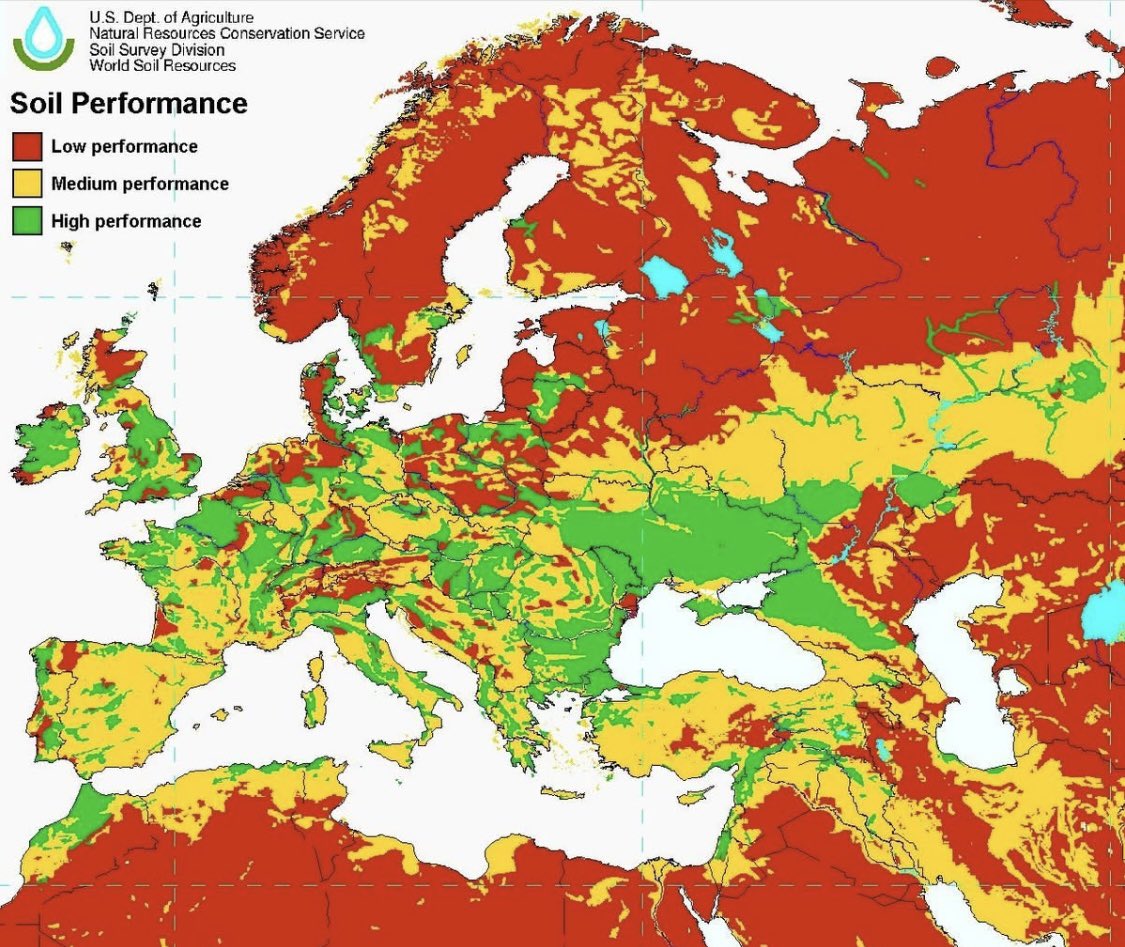 Toprak verimliliğini gösteren harita.

Yeşil= Yüksek Verimli
Sarı= Orta Verimli
Kırmızı= Düşük Verimli

Hangi ülke dikkatinizi çekiyor?