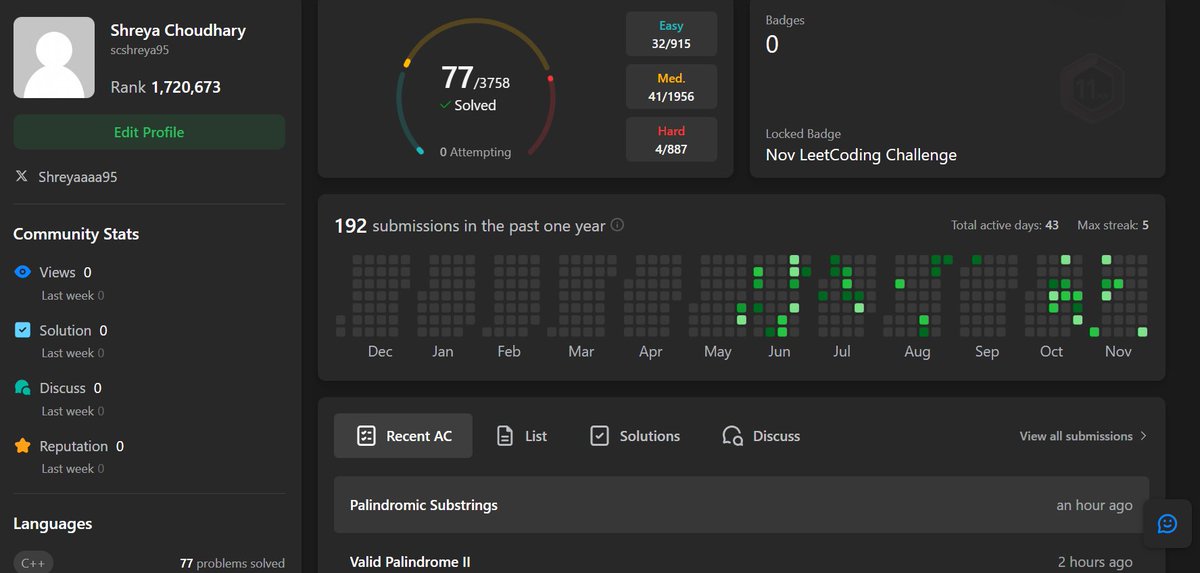 Shreyaaaa95's tweet image. Day 1 ✅ 

Completed 4 LeetCode problems today:

-Palindromic Substrings
-Valid Palindrome II
-Reverse String
-Reverse Words in a String

#DSA #100DaysOfCode #BuildInPublic