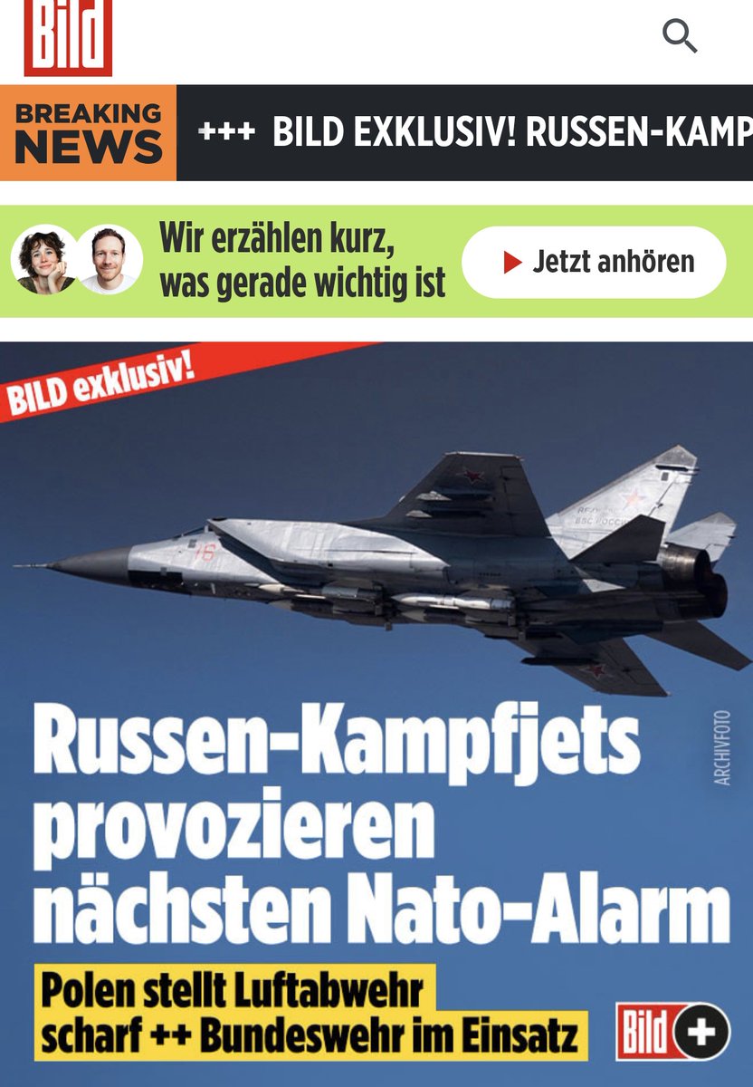 Auch diese Push-Meldung von <a href="/BILD/">BILD</a> braucht niemand zu lesen, denn: 1. Soll sie nur in Panik versetzen/Hass schüren! Denn: 2. Es ist NIX(!) passiert! Eine MIG-31 flog innerhalb #Russland ! Hat RUS noch nichtmal verlassen! 😂 Das ist alles. Obs überhaupt stimmt? #NATO Putin