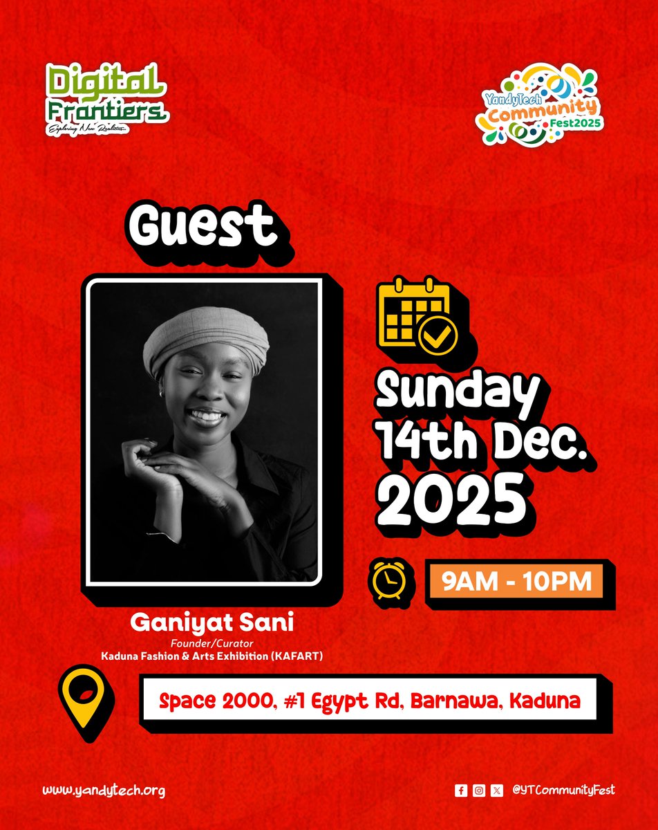 Speaker Spotlight! 

Meet <a href="/Ganiyah__/">Jummai.</a>, Curator of <a href="/kafart_ng/">Kaduna Fashion & Arts Exhibition</a>, a cultural innovator shaping Northern Nigeria’s creative and artistic landscape. 

She champions storytelling, community expression &amp; youth creativity through the arts.

#YTCFestival2025