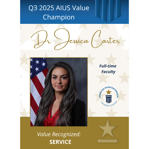 Congratulations to Dr. Jessica C., on being named our AIUS Value Champion! Your hard work and outstanding service are truly appreciated. 🎉 #AIUeverywhere #AIUProud #recognizingexcellence #service #onlinelearning #highered