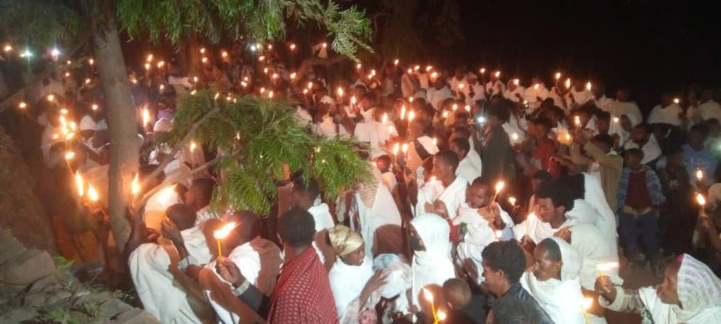 WegahtaFacts's tweet photo. #Tigray: Residents of Mariam Dengelat held a candle light vigil today to remember &amp; honor the victims of the #MariamDengelatMassacre, in which the Eritrean army killed unarmed civilians at the end of November 2020 while they were celebrating the annual festivity of Tsion Maryam. https://t.co/OM55E51q6x