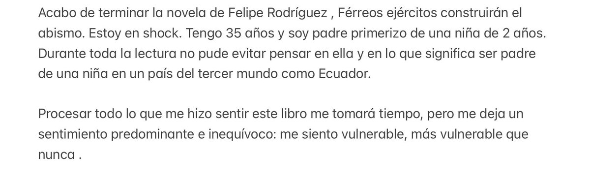 Terminé de leer el libro de <a href="/FRM87/">Felipe Rodríguez Moreno</a> , Férreos ejércitos construirán el abismo . Estoy en shock… 💔