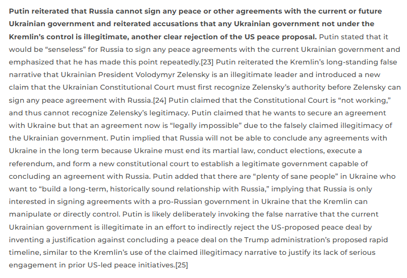 TheStudyofWar's tweet image. Putin reiterated that Russia cannot sign any peace or other agreements with the current or future Ukrainian government and reiterated accusations that any Ukrainian government not under the Kremlin’s control is illegitimate, another clear rejection of the US peace proposal.…