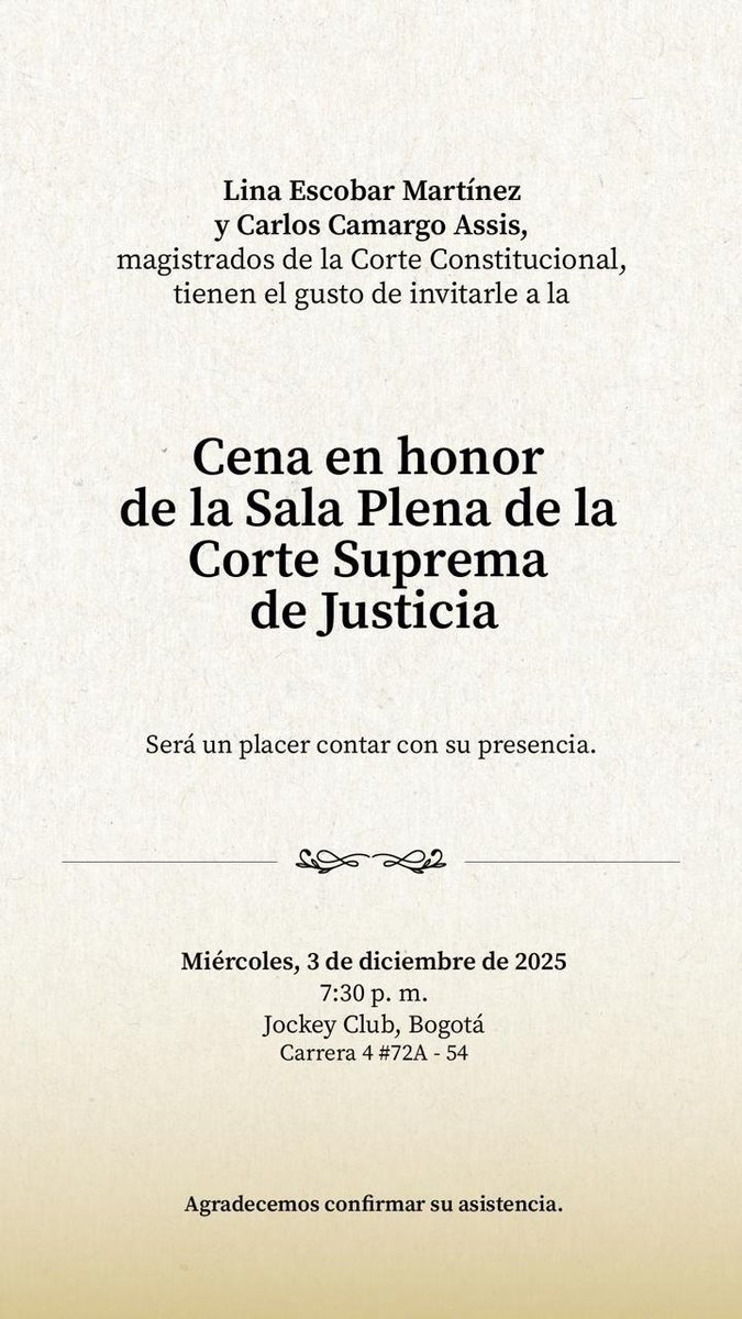 lasillavacia's tweet image. Carlos Camargo organiza una cena para los magistrados que lo ternaron a la Corte Constitucional, varios de los cuales tuvieron familiares nombrados por él en la Defensoría. Todo mientras avanzan ocho demandas que buscan tumbar su elección. 🏛️🔥
lasillavacia.com/en-vivo/magist…