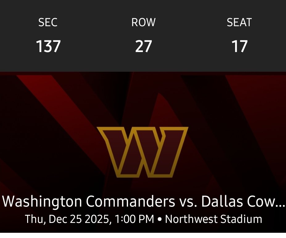 TheRealMsAmyGrl's tweet photo. #HTTR #HTTC FANS!
My kid got me a tkt for Xmas Day game. I can't go. If ur looking for a tkt,  I'd really like to get my kid her $ back:

Section 137, row 27, seat 17- $250/OBO 
(With insurance)
#DALvsWAS #DCTweetTeam #Redskins #Commanders #Tickets https://t.co/6x1oY9alZp