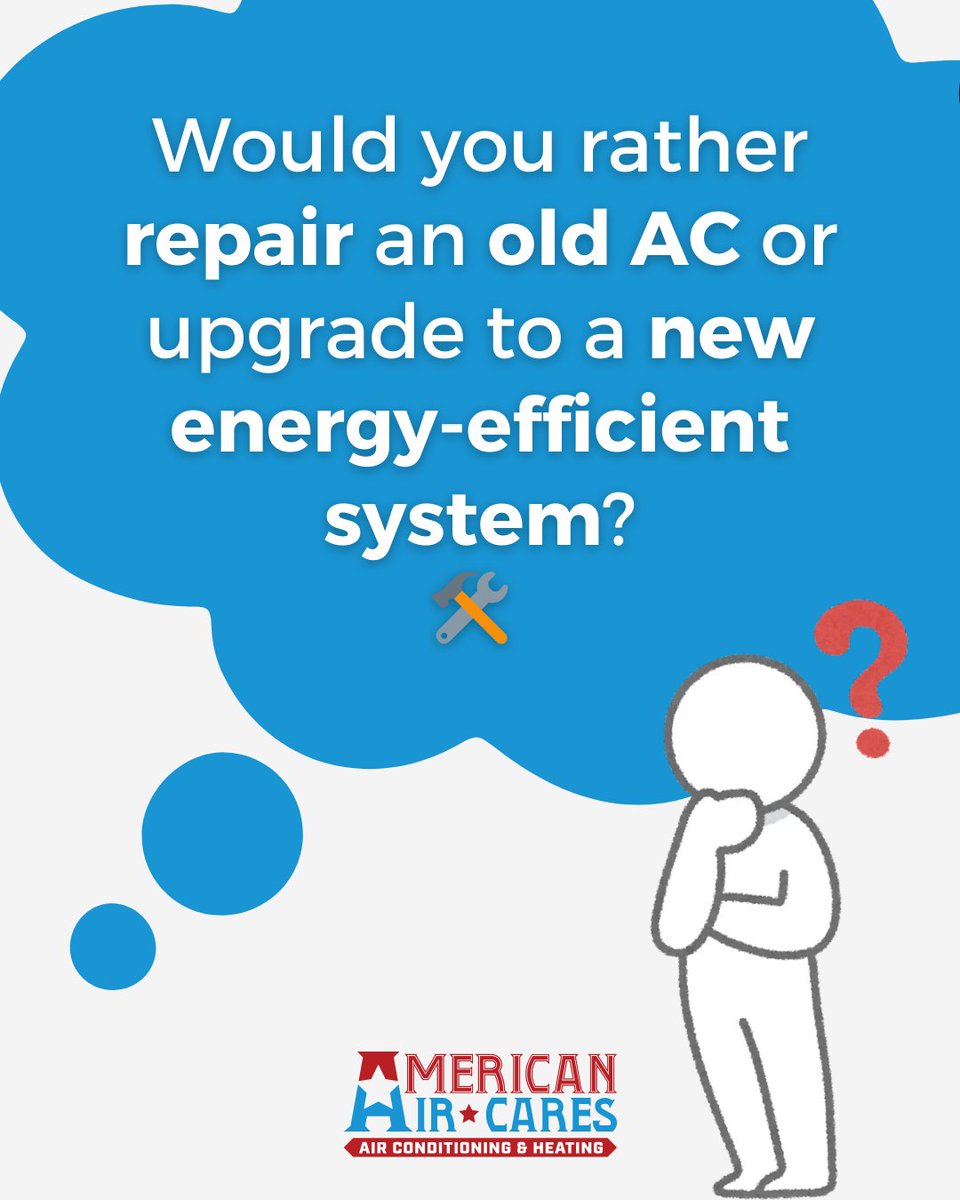 americanaircare's tweet image. ⚡ Upgrade or Repair? Your AC has been working hard, but is it time to fix your old unit or invest in a brand-new, energy-efficient system?

💬 Tell us what you would choose and why in the comments!

#AmericanAirCares #ACUpgrade #HVACDecisions #EnergyEfficiency #HomeComfort