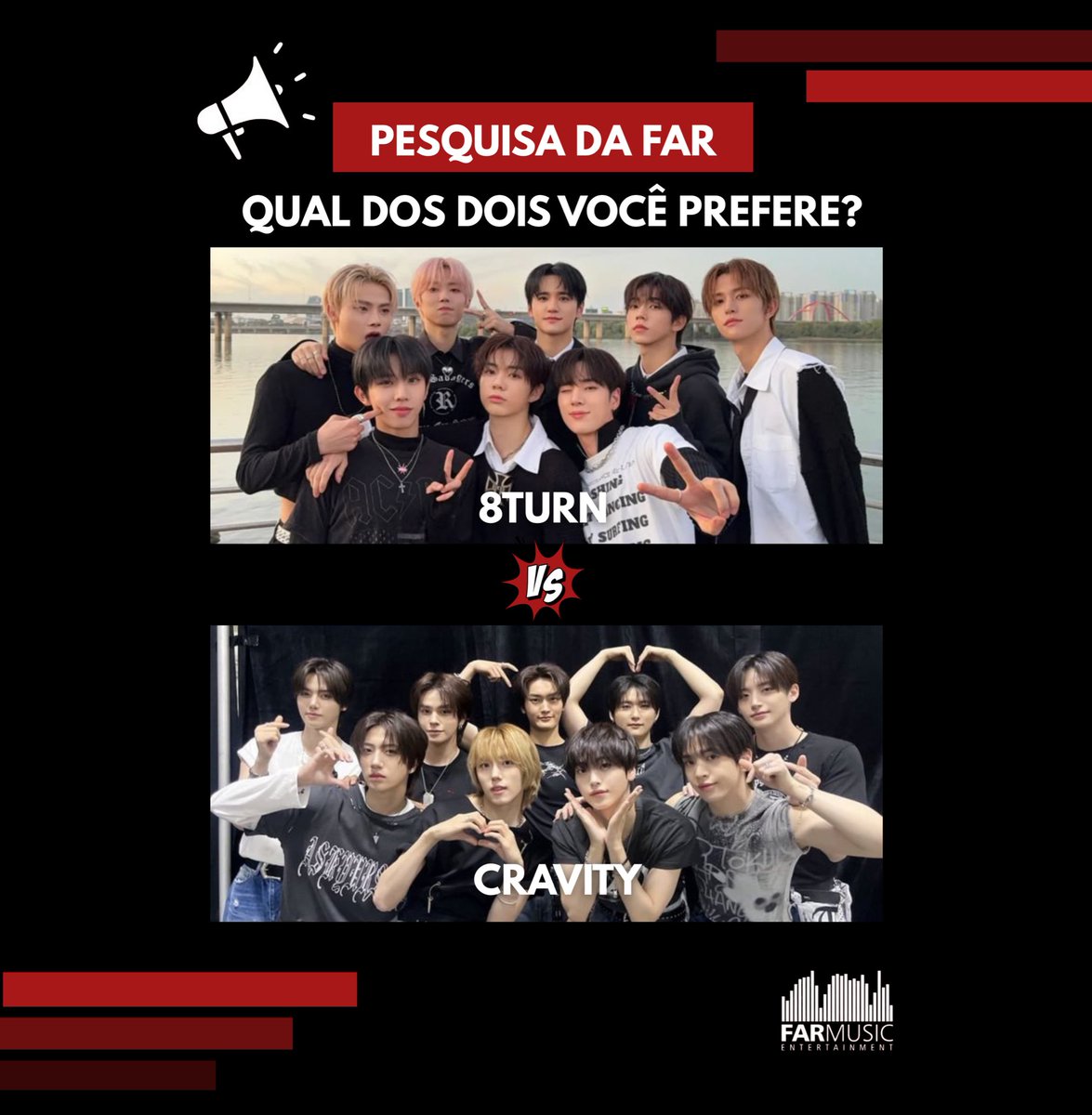 farmusicent's tweet photo. 🔊2026 está chegando e queremos ouvir os fãs de K-POP!

Qual desses artistas você gostaria de ver no Brasil no próximo ano?🇧🇷

8TURN - CURTE

Cravity - RT https://t.co/wCCAiGdz7w