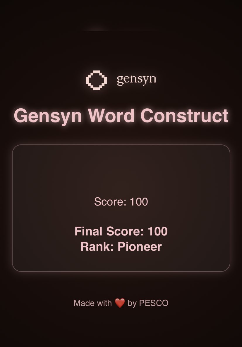 another day of spotlighting builders in the gensyn community.

today’s feature goes to <a href="/pesco_3L/">pesco.🇵🇹</a> for creating Gensyn Word Construct

a simple but addictive word-guessing game built around <a href="/gensynai/">gensyn</a> terms.

you get a word with missing letters, a hint, and 10 chances to prove how