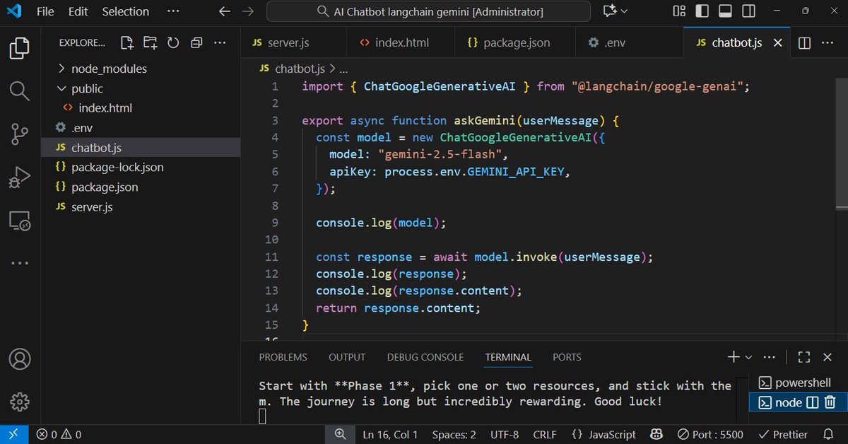 programmersatya's tweet image. Just built my first AI chatbot using LangChain + Gemini API 🔥
Simple project, big learning!
Excited to build more LLM apps, agents &amp;amp; RAG projects.
#AI #Chatbot #LangChain #GeminiAPI #JavaScript