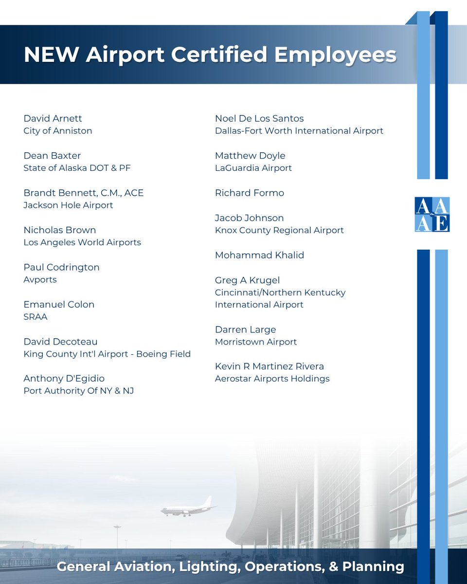 AAAEDelivers's tweet image. Please join us in congratulating everyone who recently achieved their ACE designations! 🎉 Here’s to your hard work, leadership, and continued impact on the future of aviation! ✈️👏

Interested in earning your ACE? Learn more about our program at:
aaae.org/ace
