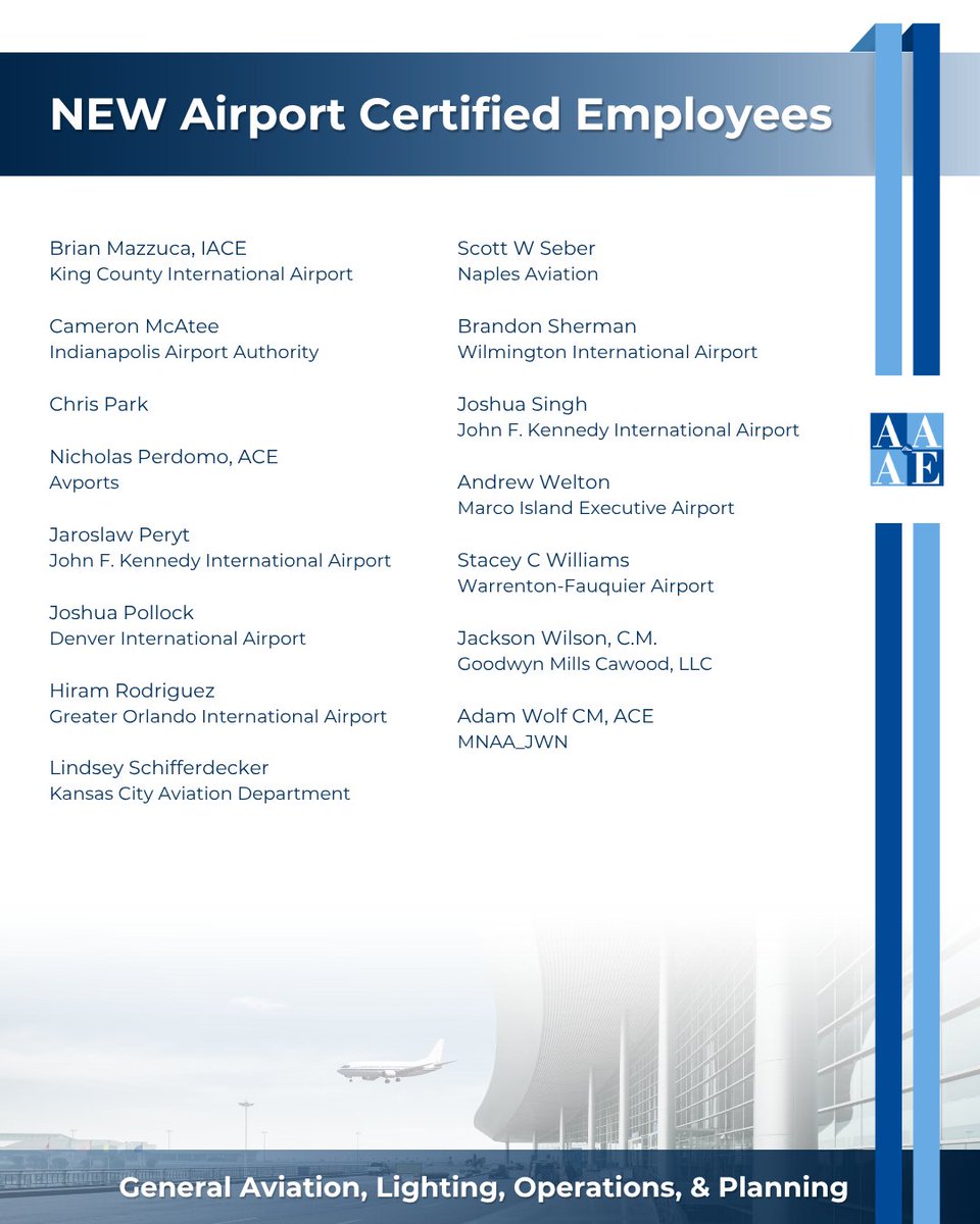 AAAEDelivers's tweet image. Please join us in congratulating everyone who recently achieved their ACE designations! 🎉 Here’s to your hard work, leadership, and continued impact on the future of aviation! ✈️👏

Interested in earning your ACE? Learn more about our program at:
aaae.org/ace