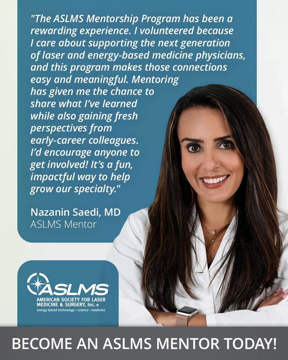 aslmsedu's tweet image. The ASLMS Mentorship Program connects early-career members with more senior ASLMS members to work on a specific project over a one-year period. All positions and specialties are welcome to participate!

Learn more and become a mentor today at aslms.org/mentorship

#mentorship