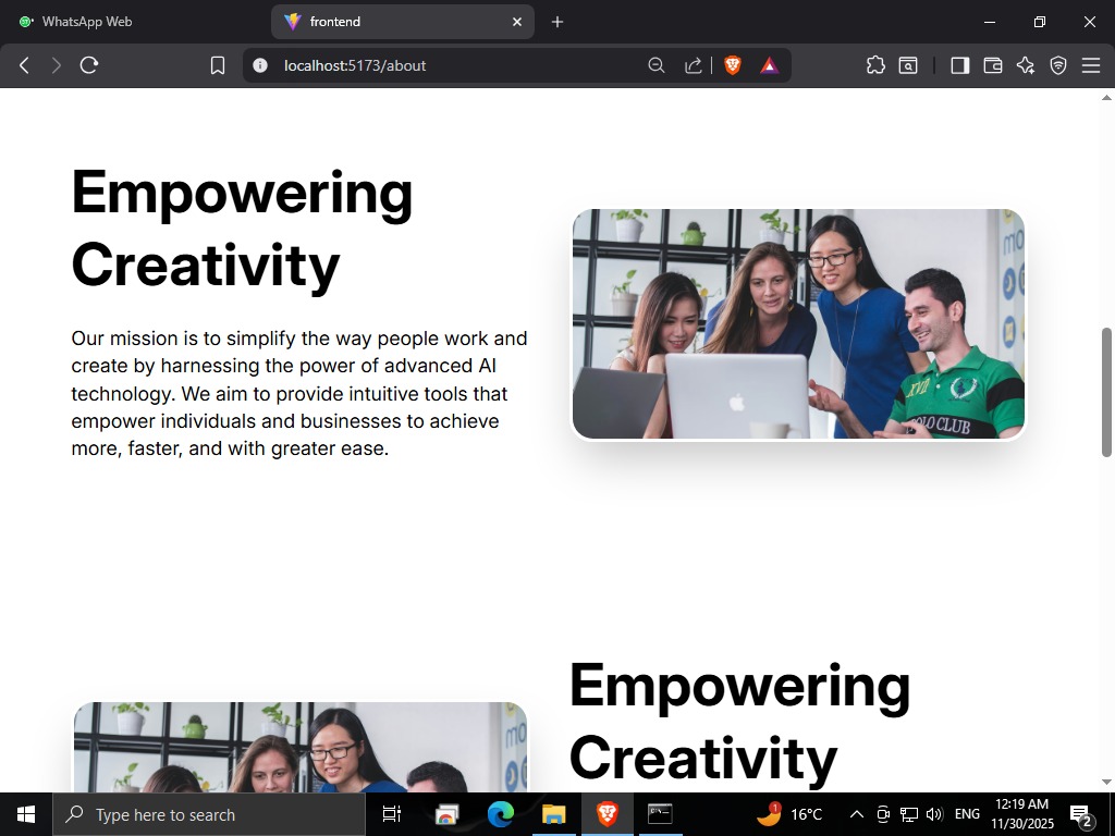 PremMaurya723's tweet image. Empowering the About page today ✨ Built new sections like “Empowering Creativity” and a bold “Driving Success through Smart AI” block for StudySync’s story. Loving how the visuals + copy finally match the product vision. 🚀 #BuildInPublic #WebDev #StudySync