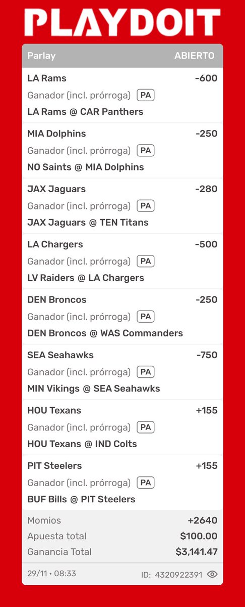 Magodelospicks's tweet photo. PARLAY SOÑADOR +2640 🔥 🧙‍♂️ 🏈

¿ te estorban 100 pesos ? Vamos a intentarlo este domingo LFG 🗣️

Dejen en los comentarios si van conmigo  (si ganamos rifaré algo de las ganancias entre los RT) 💰 

#magodelospicks #picksnfl #nflpicks #parlaysoñador https://t.co/NvV0cZaqR5