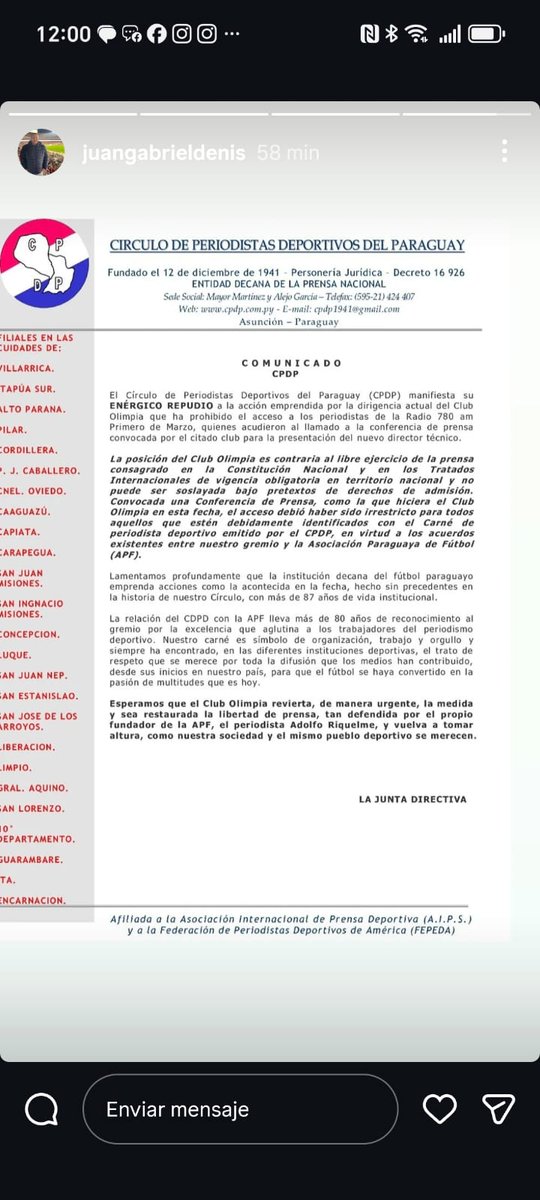 Comunicado del periodismo deportivo.