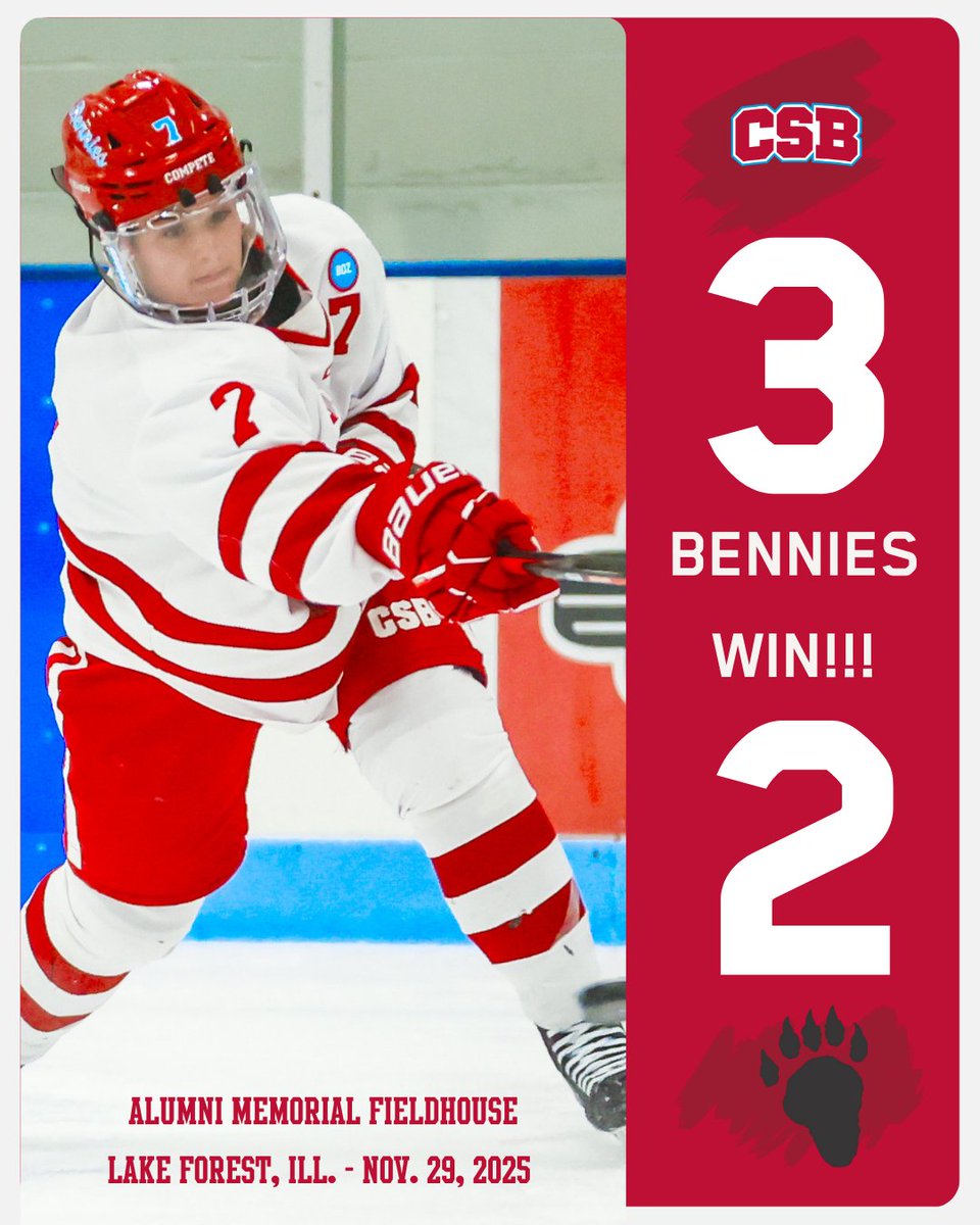 BENNIES WIN!!! With goals from Regan Flohrs, Merrill Delich and Jorja Jusczak, <a href="/csbhockey/">CSB Hockey</a> (4-2) records a 3-2 win over Lake Forest (6-3) in road nonconference play. Flohrs and Delich had 2nd period goals while Jusczak had the game-winner in the 3rd.  

#BenniePride | #D3hockey