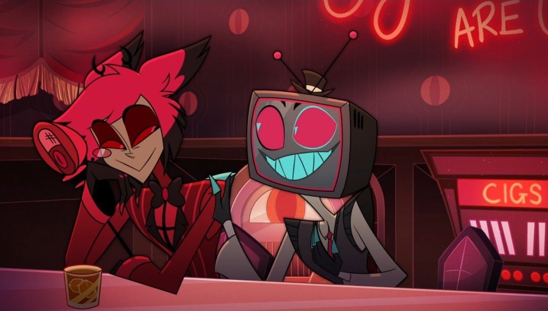 oh this scene in s1 ep8 hits a lot harder now that we know alastor used to go out drinking with vox. the fact that he gets sentimental watching the hotel drink together and connect makes me think he was 100% having flashbacks of his time with vox. im very unwell, thank you.