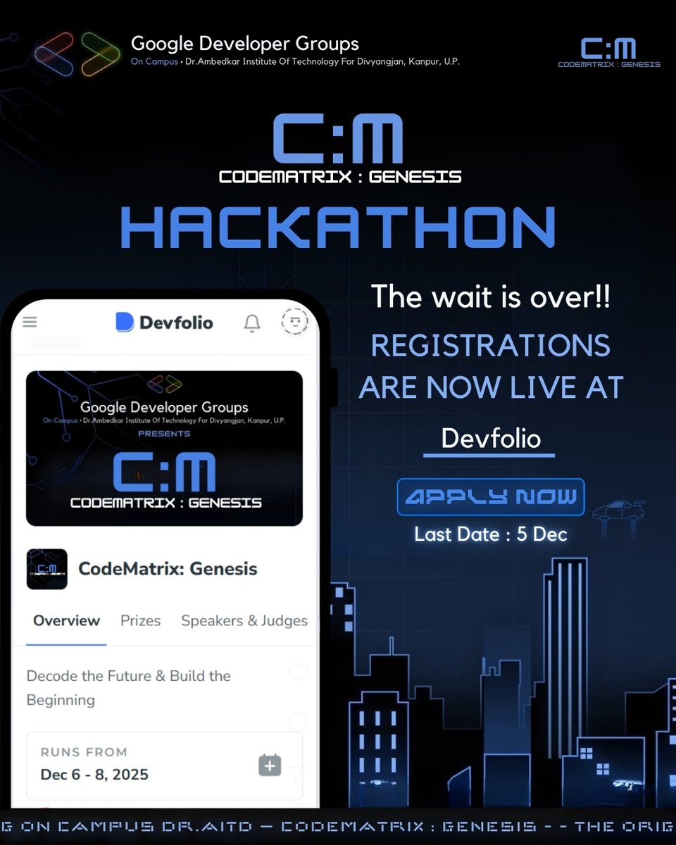 gdg_aitd's tweet image. CodeMatrix: Genesis is now live.
Hackathon runs 6–8 December. Last date to register: 5 December.
Hosted by GDG Dr. AITD with @devfolio as platform partner and @ETHIndiaco as Powered By partner.

Apply now: codematrix-genesis.devfolio.co

#CodeMatrixGenesis #Hackathon #Devfolio #ETHIndia
