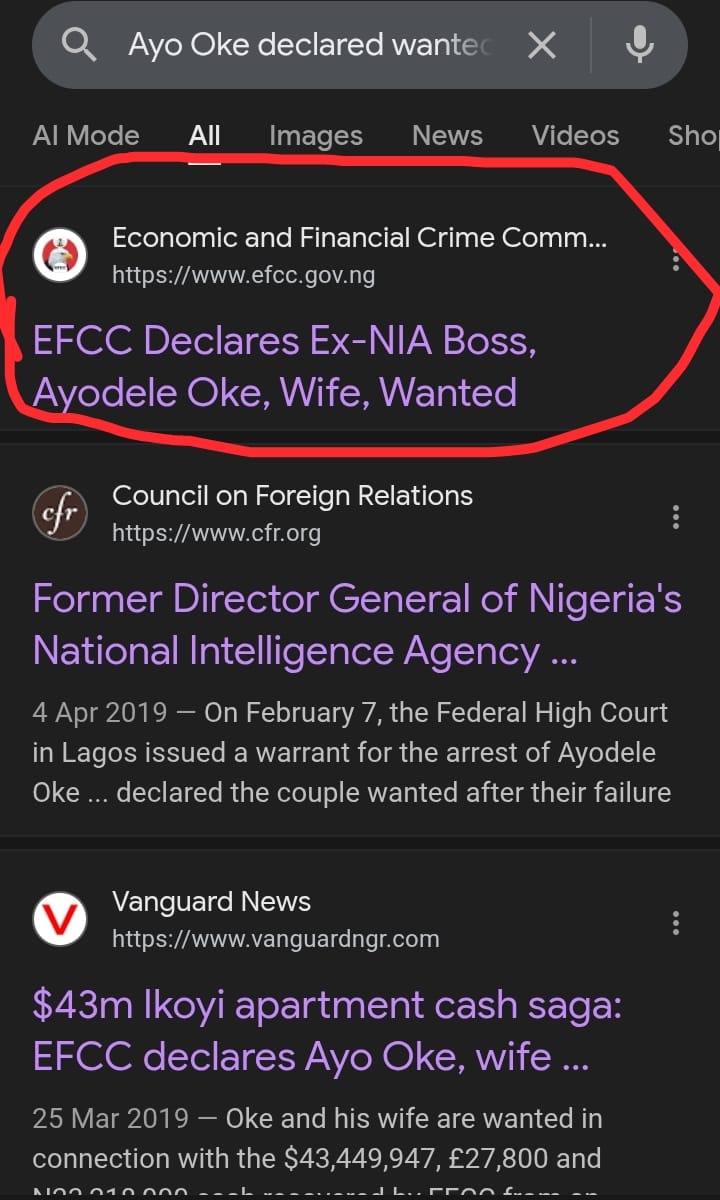 EngrArimadu's tweet photo. @BolanleA4 Just as Nigerians were raising eye brows over the appointment of Ayo Oke who EFCC had declared wanted as an Ambassador to US, EFCC rushed and deleted their declaration of Ayo Oke wanted from their website. Unfortunately for EFCC the headline is still on Google search https://t.co/et5JiKKQF5