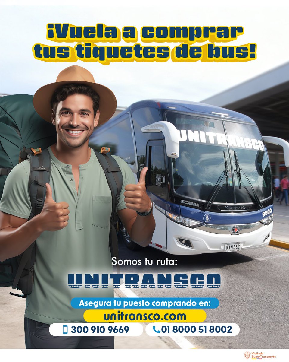 ¡#ModoBus activado!🚌🧳⭐️

Compra tus tiquetes llamando desde celular 📲 a nuestra línea 300 910 9669; en la página web 👩🏻‍💻unitransco.com  o acercándote a nuestras taquillas