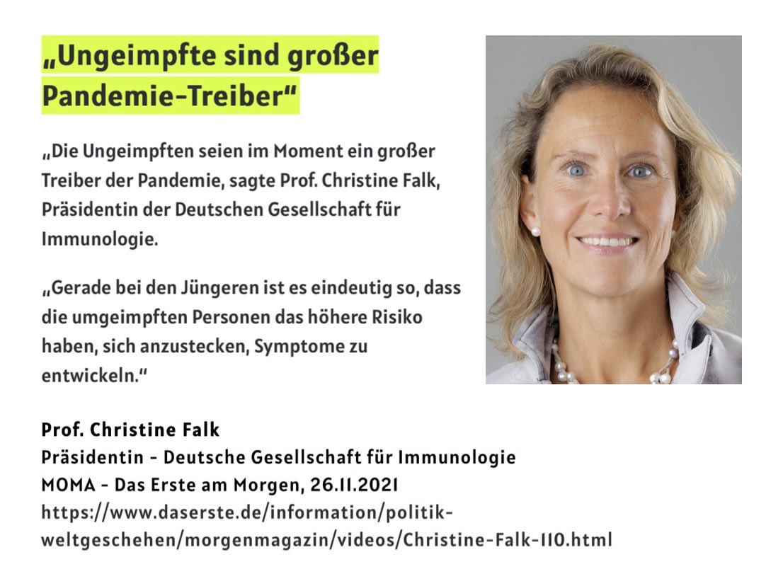 "Die Ungeimpften seien im Moment ein großer Treiber der Pandemie, sagte Prof. Christine Falk, Präsidentin der Deutschen Gesellschaft für Immunologie"

26.11.2021 #RichtigErinnern