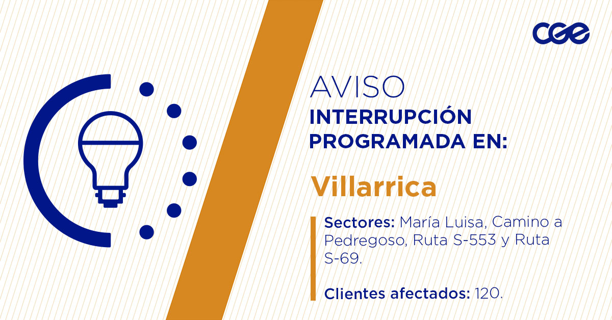 CGE_Clientes's tweet image. Para mejorar la calidad del suministro de nuestros clientes de #Villarrica, este lunes, entre 09:30 y 13:00 horas, se realizará una #InterrupciónProgramada (sectores en la imagen 👇) debido a trabajos de mejoras. Esto afectará a 120 clientes. Recuerda desconectar tus artefactos…