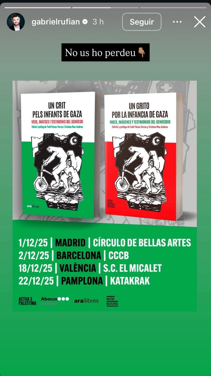 “Un llibre necessari i útil per a la gent que hem abandonat durant massa temps, i sobretot per als més vulnerables. <a href="/FranceskAlbs/">Francesca Albanese, UN Special Rapporteur oPt</a> 

El volum solidari ‘Un crit pels infants de Gaza’ l, ja en llibreries!
Dilluns 1/2 el presentem a <a href="/cbamadrid/">Círculo de Bellas Artes - Casa Europa</a>, i dimarts 2 al CCCB