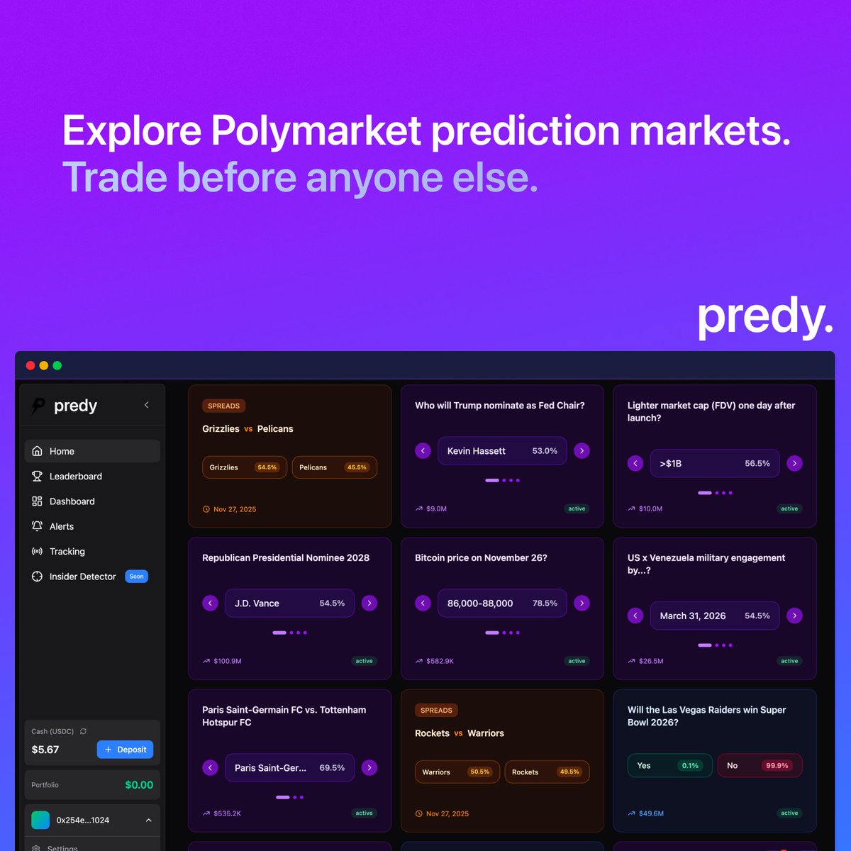predyapp's tweet photo. Alpha moves fast.
Now you can move faster.
Say hello to predy: your new prediction market cockpit. 🚀 https://t.co/NnwZ0FbnCe