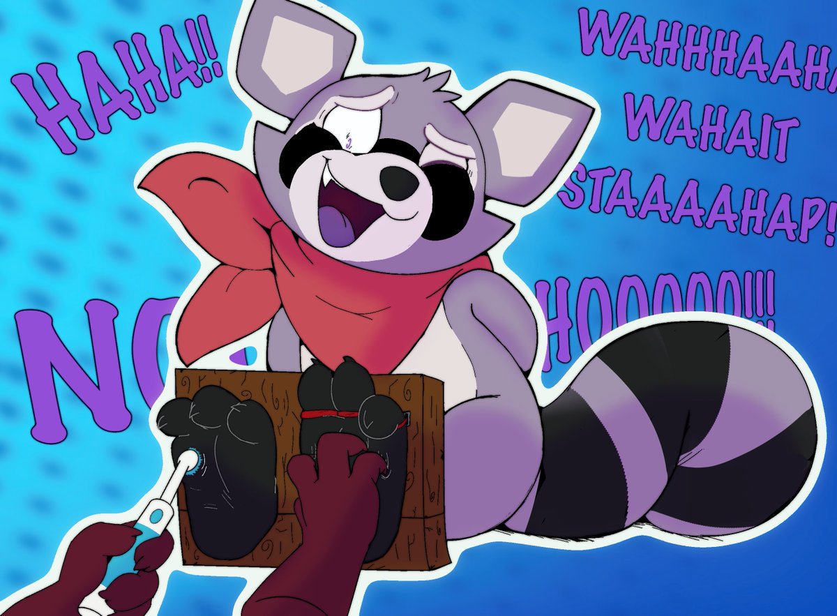 A collaborative piece done with the help of <a href="/NonexistentChu/">TicklishChu 🔞</a> <3 We both agreed Rambley deserves to laugh more >u> What would you do if you came across a recording of a strange helpless raccoon?~

#tickling #furryart #paws #gay #pathetic