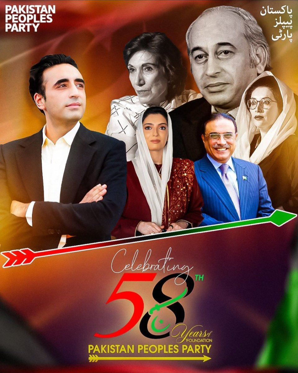 Bhuttoiest's tweet photo. From Shaheed Zulfiqar Ali Bhutto to Shaheed Benazir Bhutto, then President Asif Ali Zardari, and now Chairman Bilawal Bhutto-Zardari,
The Pakistan Peoples Party has proven in every era that it is truly the party of the people and the voice of their rights. ✊🔥

Founded on the principles of public welfare, service, and democracy, the PPP remains defined by these very ideals even today.
#58YearsOfPPP
@BBhuttoZardari
@AseefaBZ