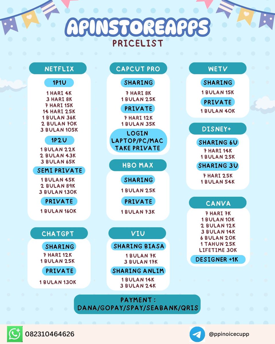 futuretechhh's tweet image. WTS APP PREM TRUSTED MURAH MERIAH FAST RESPON FULL GARANSI READY, MARI JAJAN 

order by wa wa.me/6262310464626 

NETFLIX CAPCUT HBO CANVA CHATGPT DISNEY WETV VIU 
#zonauang #zonajajan 22