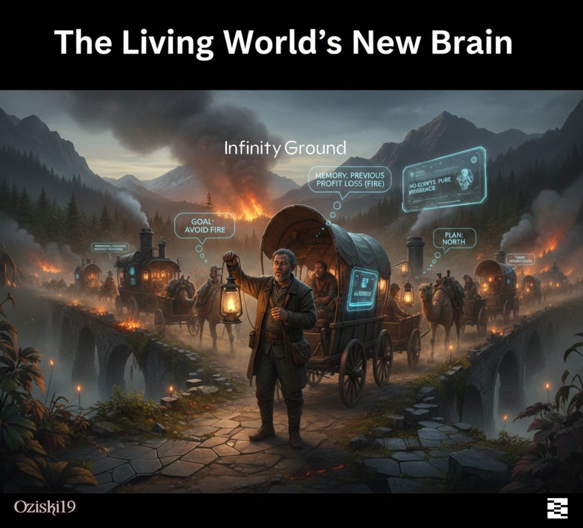 Da_Void19's tweet photo. .@infinityg_ai upgraded Infinity Ground: every NPC & object is now a live agent with goals+memory. Add “fears fire” → merchant reroutes caravan, takes losses, checks every lantern. Pure emergent worlds. #InfinityGround https://t.co/QQ9QIIcsv1