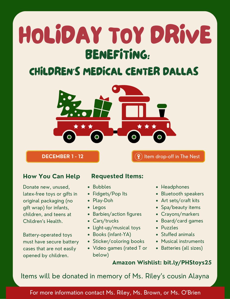 PHS_TheNest's tweet photo. 🎁 Holiday Toy Drive! 🎄
The Nest at PHS is collecting new, unused toys and gifts for Children’s Medical Center Dallas through December 12.

All items will be donated in memory of Ms. Riley’s cousin, Alayna. 💜

🧸 Drop-off: The Nest at PHS
📦 Wishlist: https://t.co/GkrhT5GkmL https://t.co/0FctY5m54W