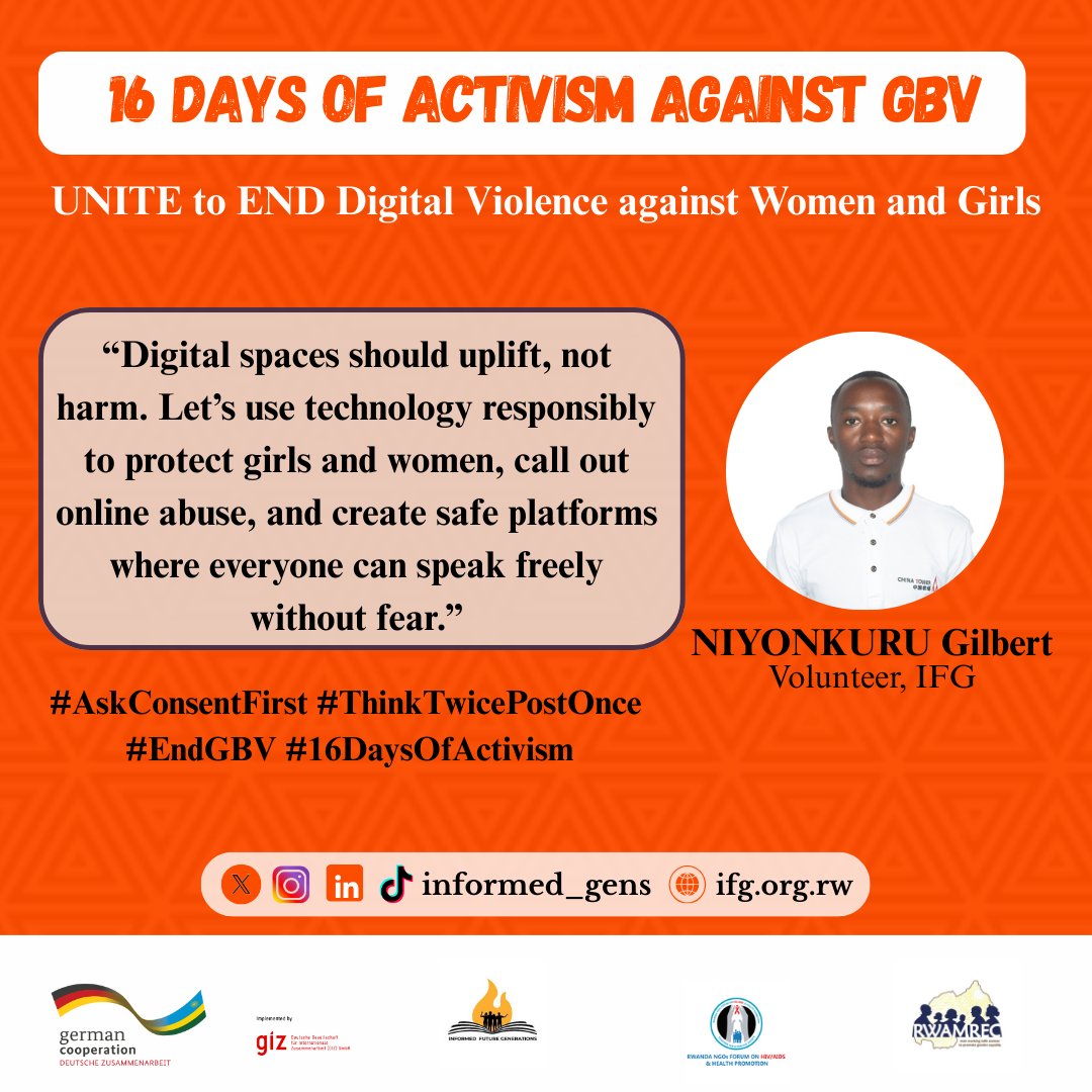 informed_gens's tweet photo. Digital Spaces should uplift not harm. Let's use digital spaces responsibly to protect girls and women. Call out online abuse and create safe digital spaces for everyone.
#AskConsentFirst
#ThinkTwicePostOnce
#16DaysOfActivism
@ndungutsetheon1 @RYardleyGA @shelly_bhai @Imbuto https://t.co/2XIKes4ibb