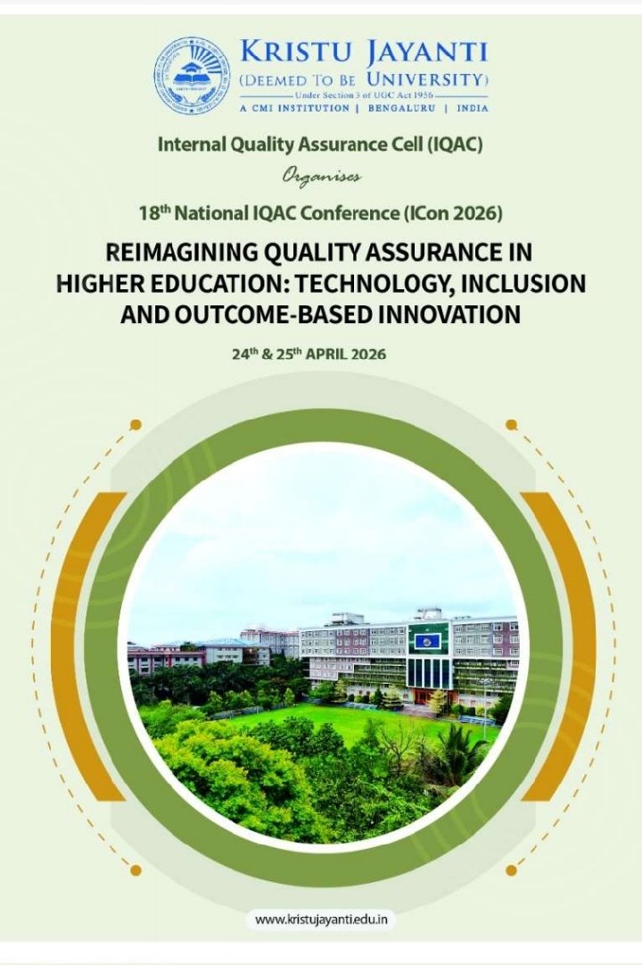 KristuJayantiU's tweet image. National IQAC Conference (ICon 2026).
portal.kristujayanti.edu.in/register-18th-…

The Internal Quality Assurance Cell (IQAC) of Kristu Jayanti (Deemed to be University), Bengaluru, is delighted to announce the 18th National IQAC Conference (ICon 2026).