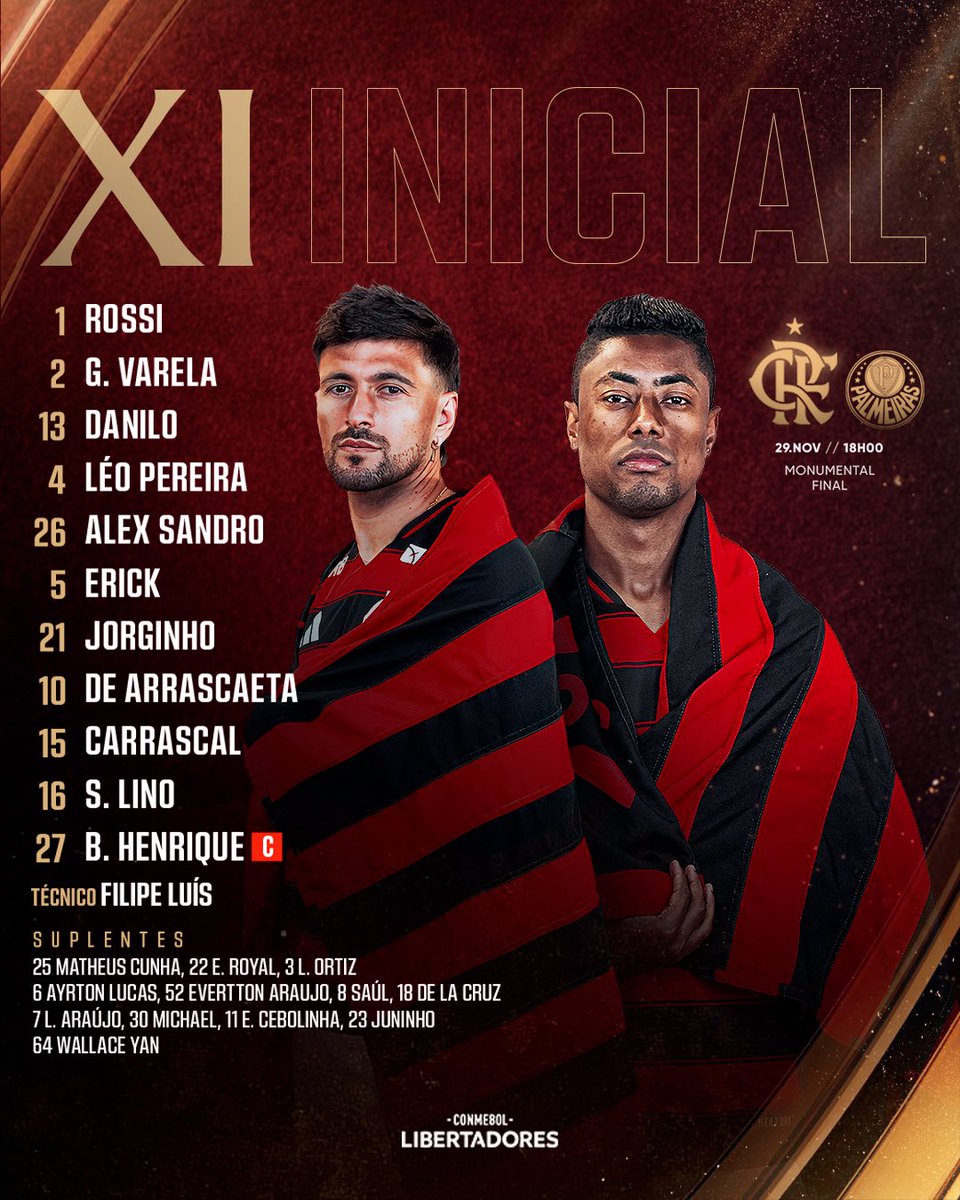 NOSSO TIME É A GENTE EM CAMPO! Confira a escalação do #Flamengo para enfrentar o Palmeiras, pela FINAL da @libertadores! 

#FLAxPAL #gloriaeterna #Escalação