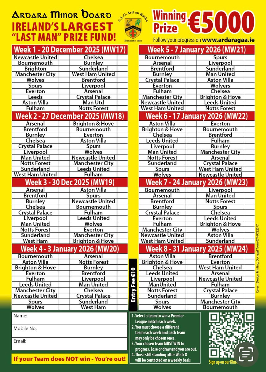 Only 3 Weeks left until Our Last Man Standing Comp starts on 20th December. Online entries on this link klubfunder.com/Clubs/CLG_Ard_…, send your team selection to donearley13@gmail.com or by sending €10 and the list of teams selected  by Revolut to Don on +353 (87) 671 5829. Thanks