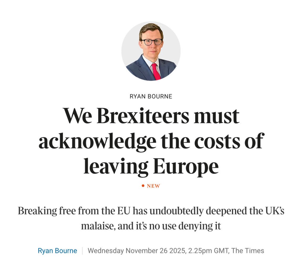 edwinhayward's tweet image. A very weird 72 hours for fans of Brexit...

First, one of the original Economists for Brexit gang admitted it was a disaster.
archive.ph/2025.11.26-150…

And today the Telegraph lined up behind that view too.
archive.ph/2025.11.29-132…

Are they trying to leave Labour holding the bag?