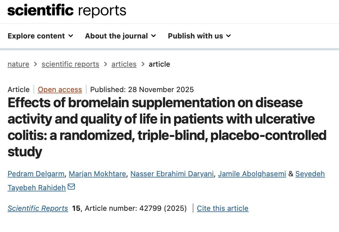I’ve always been intrigued by the digestive &amp; potential anti-inflammatory properties of plant-derived enzymes such as papain &amp; bromelain (from papaya&amp;🍍) 

Evidence was limited to animal &amp; in-vitro studies with no trials in IBD
🌟Until now, a small trial just published in UC