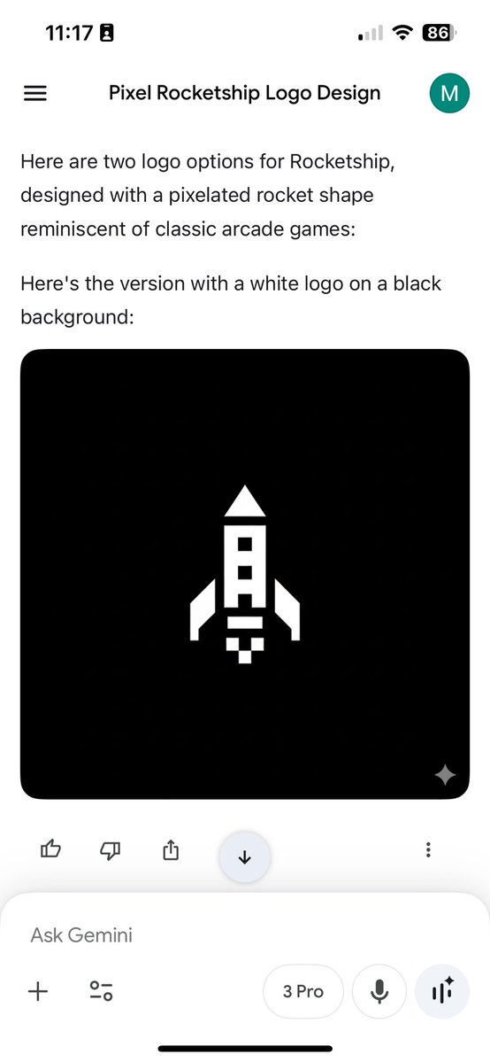 matteo_agius's tweet image. I don’t care about benchmarks, I care about taste.

Prompt revolved around generating the company logo image of @rocketshipai in the style of pixelated / space invaders theme.

Gemini vs. ChatGPT