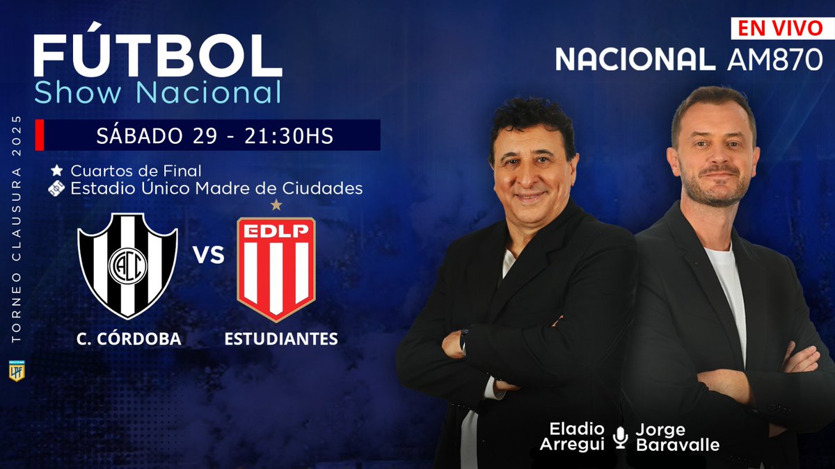 #FútbolShowNacional ¡Comienzan los Cuartos de Final del Torneo Clausura y lo vas a vivir por <a href="/NacionalAM870/">Radio Nacional AM 870</a> !

Desde las 21hs,transmitimos #CentralCórdoba vs #Estudiantes en #AM870 

Relata <a href="/EladioArregui/">Eladio Arregui</a> comenta <a href="/jorgebaravalle/">Jorge Baravalle</a> 
 Vestuarios <a href="/goojeda/">Gonzalo Ordóñez Ojeda</a> y <a href="/Ferrgonzalez94/">Fer González</a>
   
📻AM870
