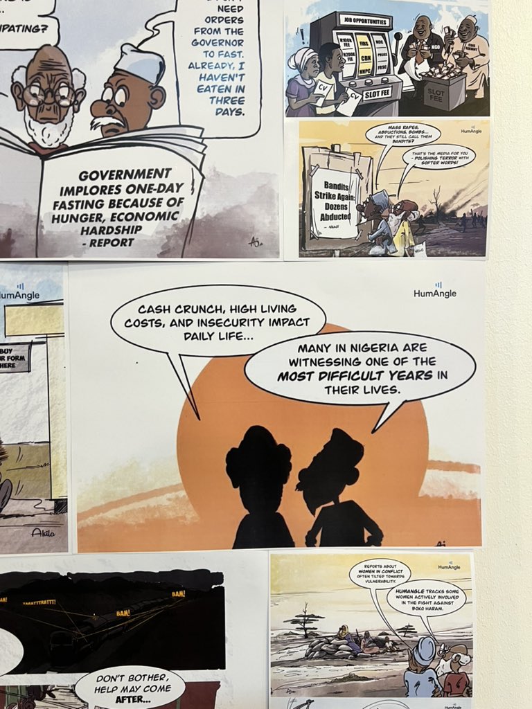mairowashere's tweet photo. Shots from the comics wall at #HumAngleShowcase25. This wall captures the chaos of the Nigerian news cycle so vividly https://t.co/miNDQA98TG
