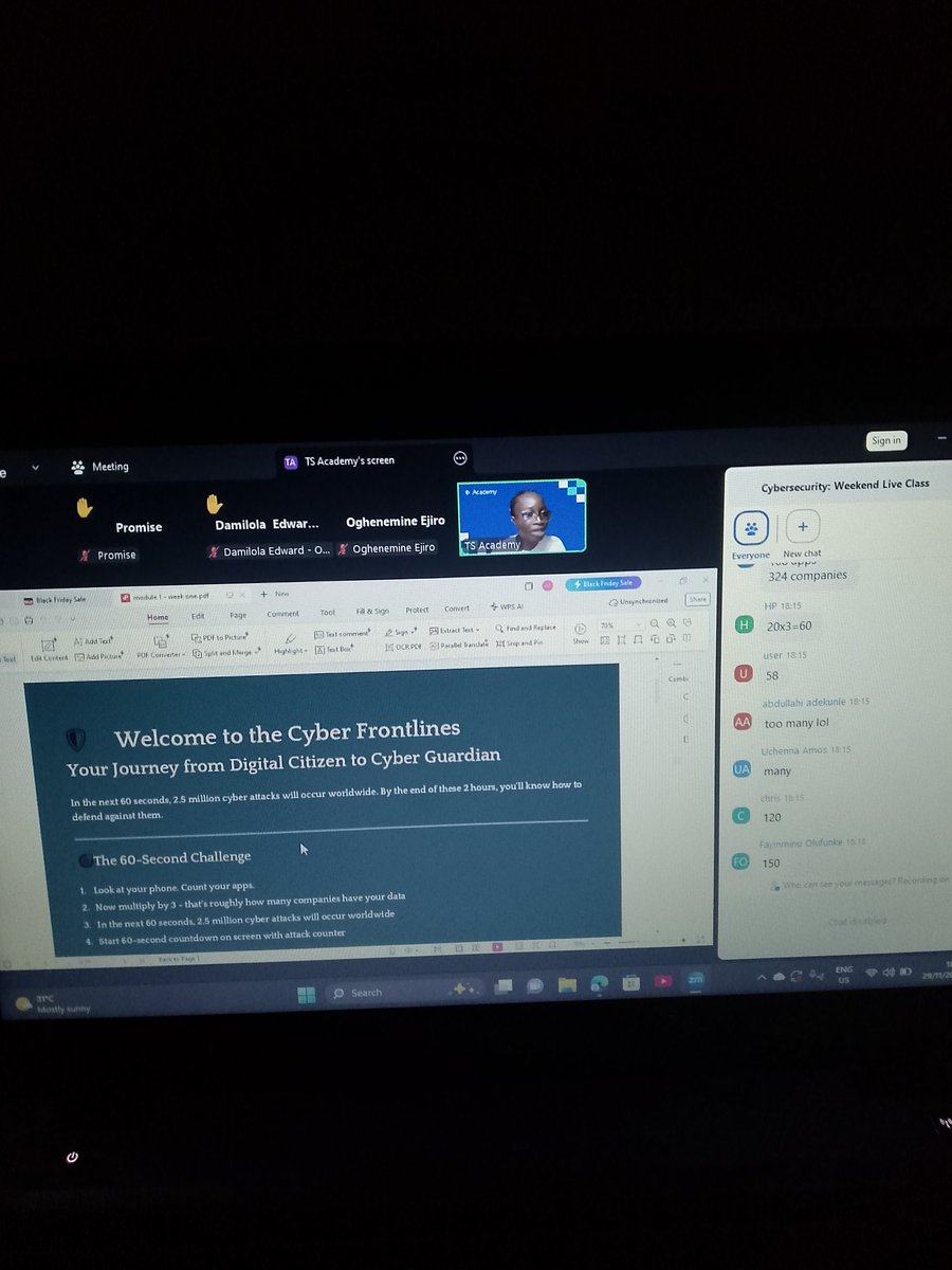 EjiBaby34's tweet image. *Day 2 with @TSAcademyOnline   
~ Foundations of Cybersecurity and Computing.
Today’s class was packed with valuable insights! I learned:  
*How to detect when your data has been breached  
*The thousands of cyberattacks that occur daily  
*The 8 core domains of Cybersecurity.
