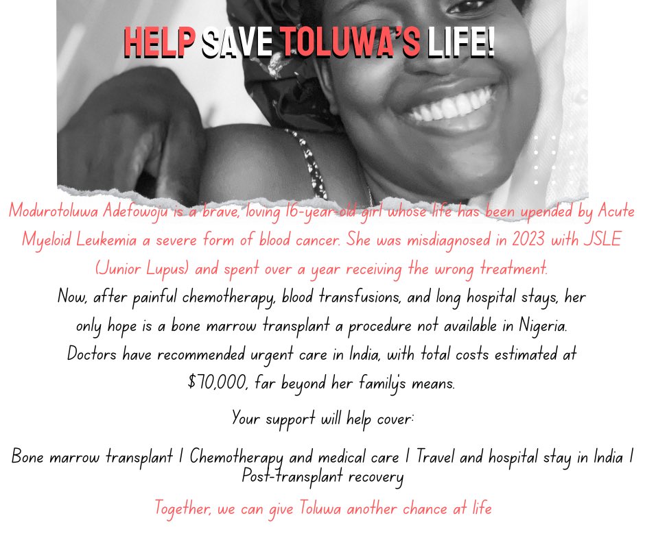 daddydapo's tweet image. Day 5 of trying to get help and saving my sister, modurotoluwa ❤️ .

A few Few weeks ago, we started a GoFundMe for Toluwa who was diagnosed with Acute Myeloid Leukemia (AML), and the love we received was overwhelming. You reposted, you donated, you shared her story, and many of…