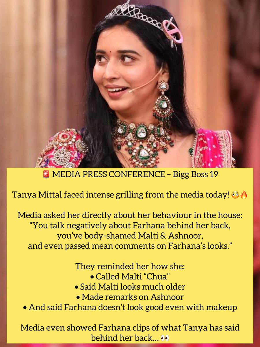 tellykhazana's tweet photo. Drama level 1000! 🔥
Do you think Tanya is being misunderstood or exposed? 🤔👇
#TanyaMittal #FarrhanaBhattt #MaltiChahar #AshnoorKaur
#BiggBoss19 #BB19 #MediaPressConference #BBUpdates
#RealityShowDrama #WeekendKaVaar #ViralPost #TrendingNow https://t.co/hk7X8XLUsN