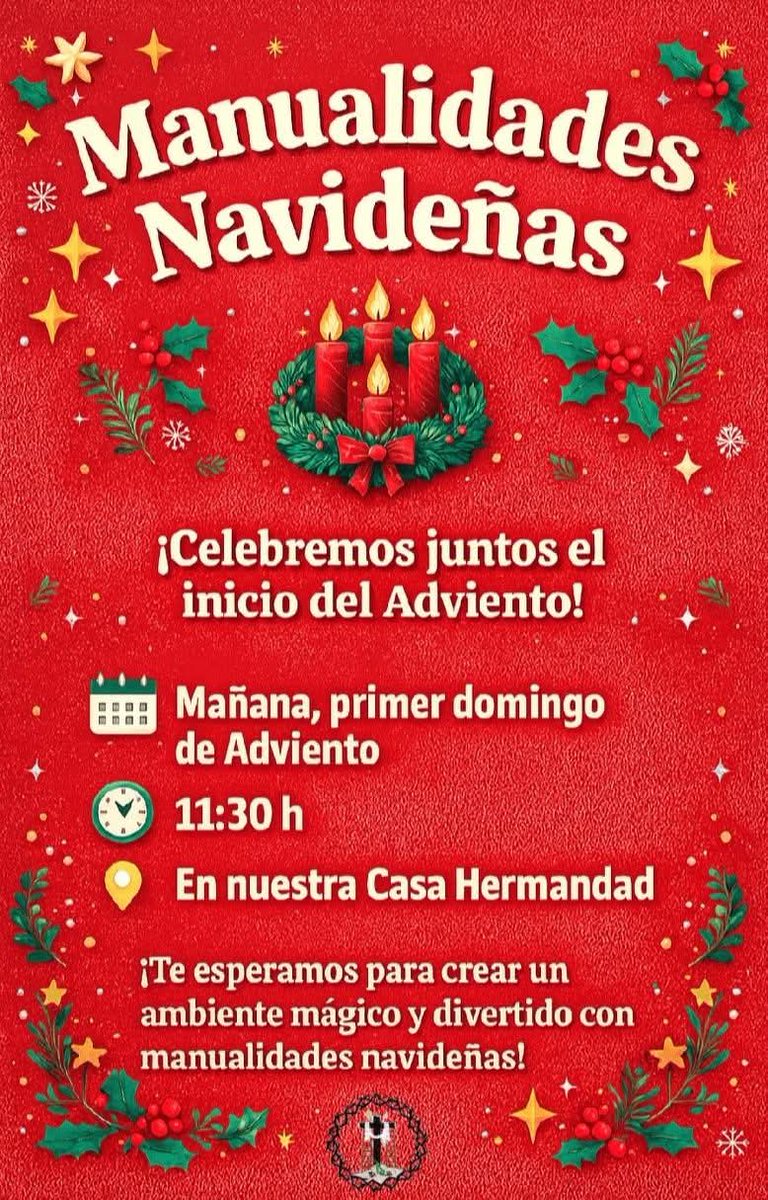 ✨ Mañana celebramos el primer domingo de Adviento con nuestro Taller de Manualidades Navideñas.
🕦 11:30 h
📍 Casa Hermandad

Ven a compartir creatividad e ilusión navideña. ¡Te esperamos! 🎄💙